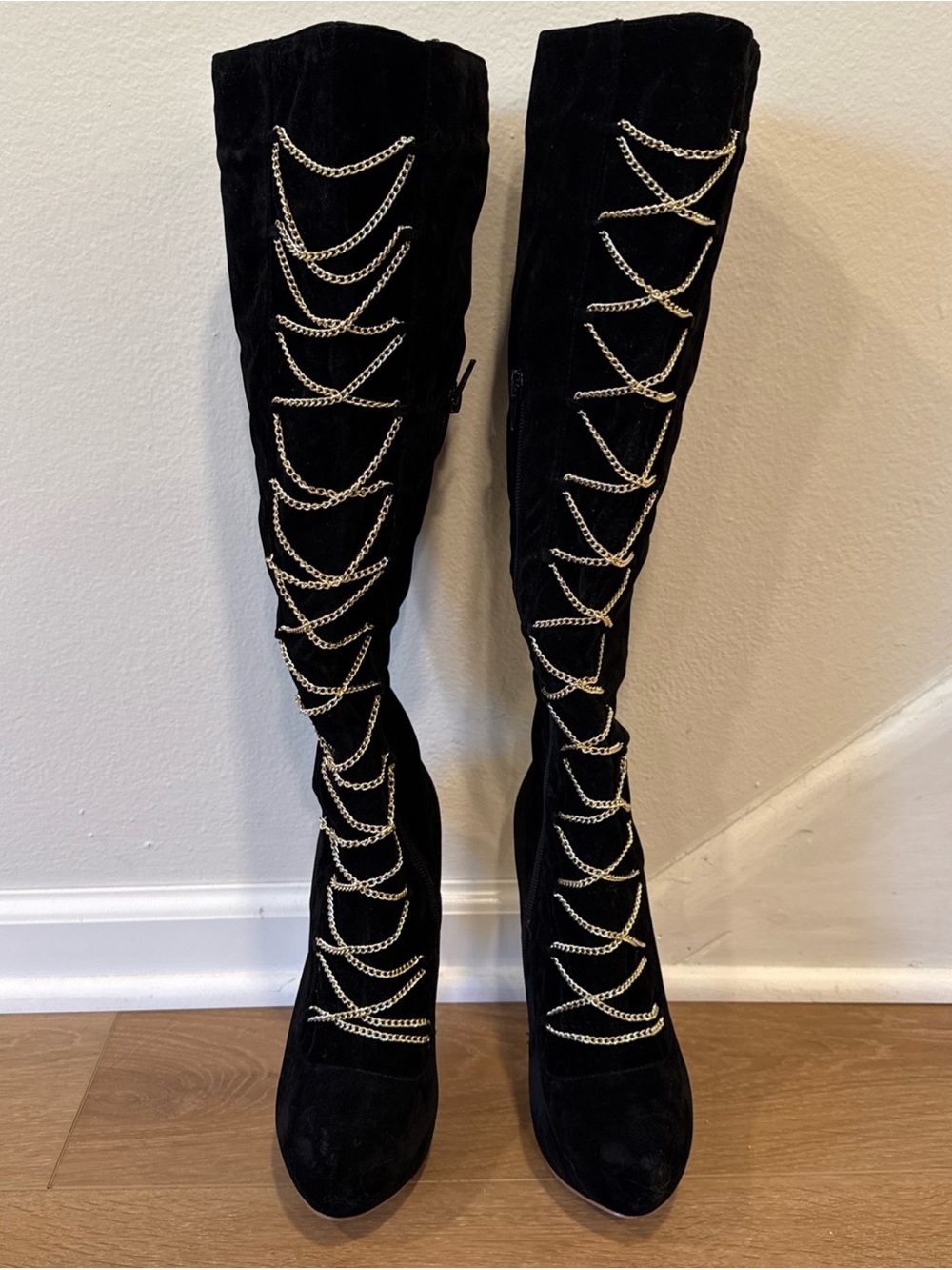 Black Velvet Knee High Gold Heel Stiletto Chain Lace Boots Womens 7 Platform